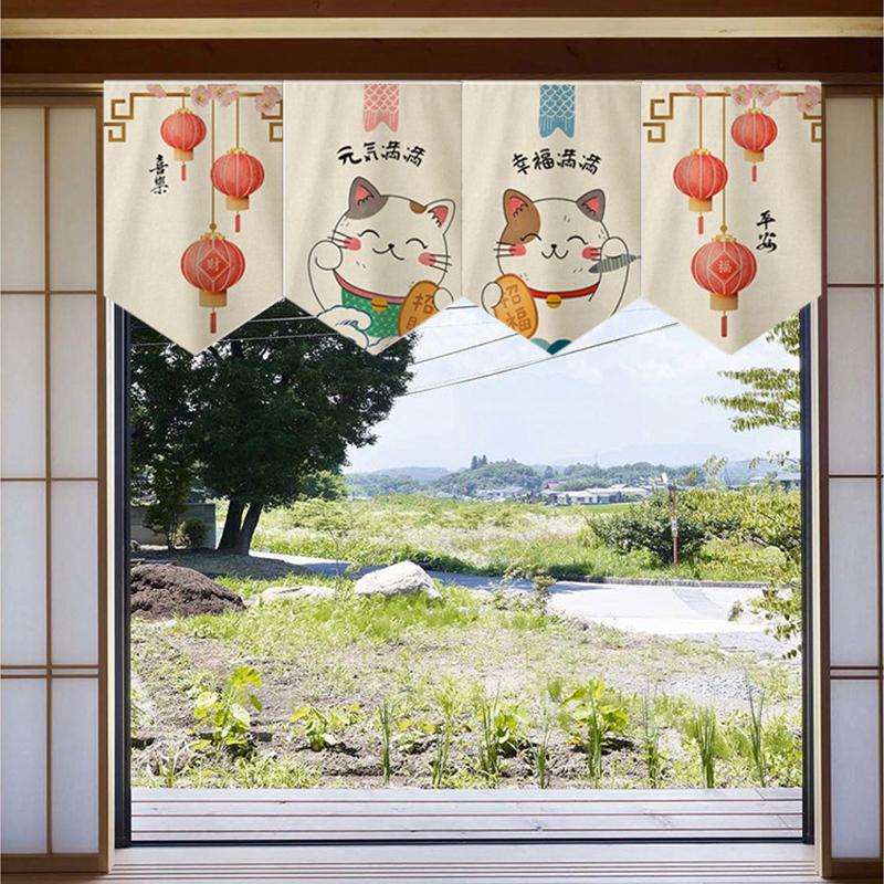 Japanese Style Short Curtain Luck Cat Printed Triangle Flag Kitchen Partition Restaurant Half Curtain Izakaya Sushi Shop Decor