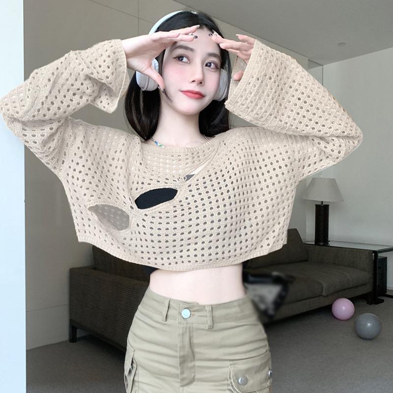 Women's Blouses Loose Round Neck See-Through Mesh Knitted Tops