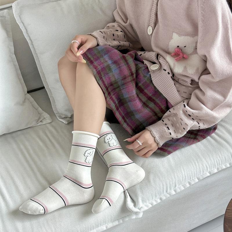 Süße Cartoon-Wadenstrümpfe für Mädchen, Color-Blocking Gestreifte Aufgeschlagene Socken, Knochenlose Socken