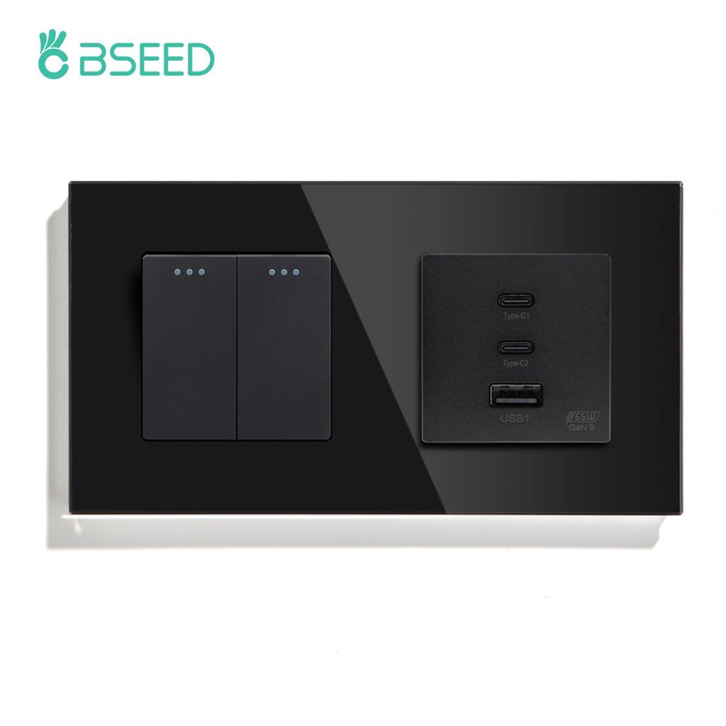 BSEED 1/2Gang Mechanical Light Switch 1Way With Fast Charging 65W USB C Socket Dual Typc-c Ports Glass Frame EU Standard