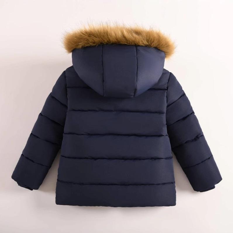 2-8 Jahre Herbst Winter Jungen Jacke Dick Warmhaltendes Futter Plüsch Abnehmbare Kapuze Kapuzenpelzkragen Mantel für Kinder Kinder Oberbekleidung