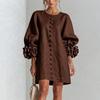 Autumn 3D Floral Long Sleeve Short Dress with Decorative Buttons