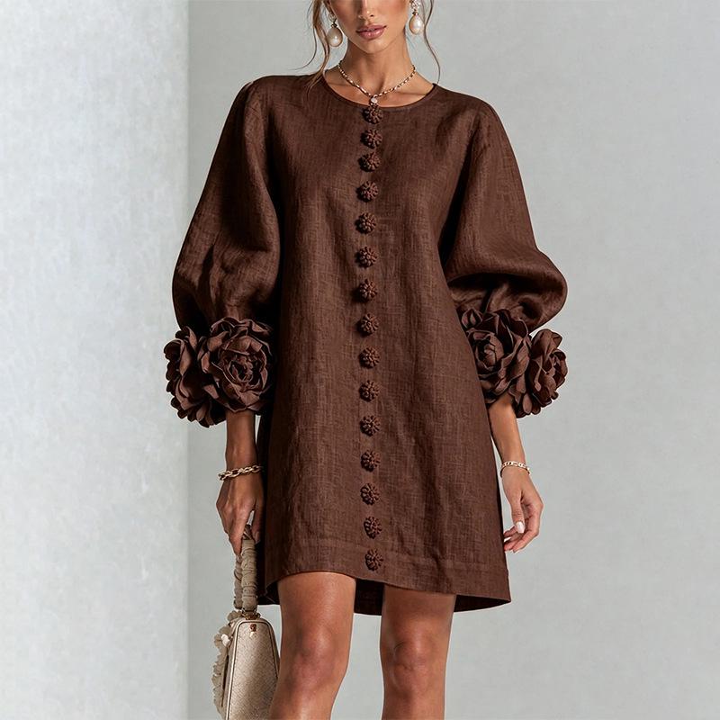 Autumn 3D Floral Long Sleeve Short Dress with Decorative Buttons