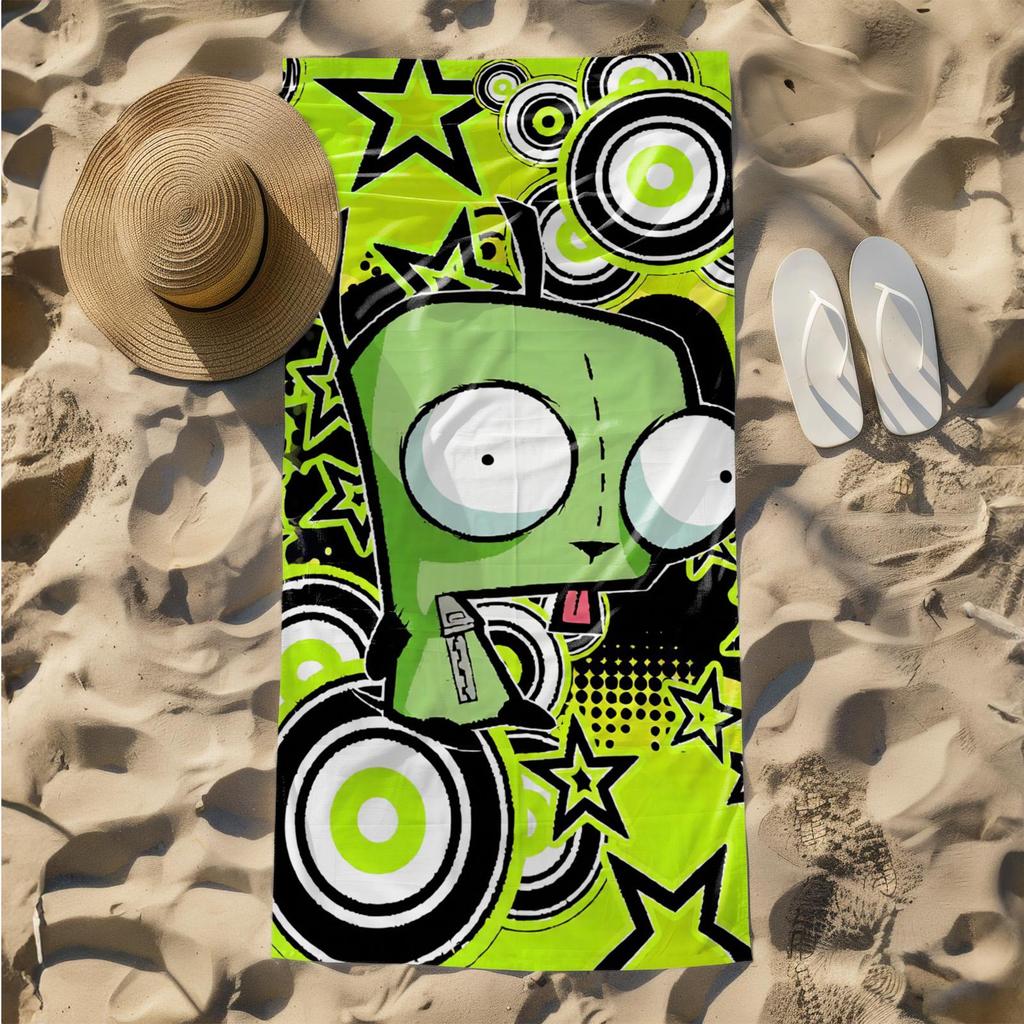 1pc Futuristic Green Character with Neon Starburst Background 2D Printed Microfiber Beach Towel, quick dry super absorbent