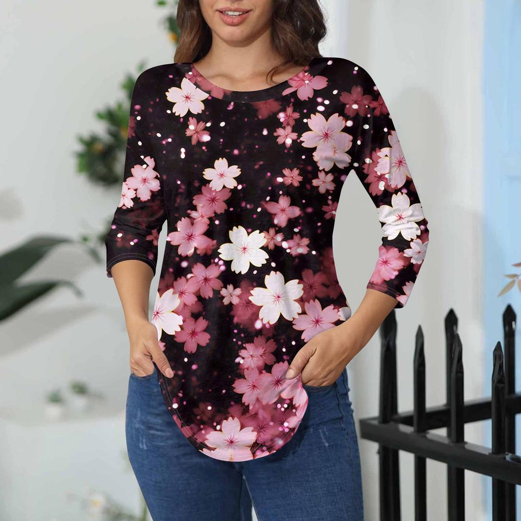 Damen-T-Shirts, 3/4-Ärmel, einfarbig, Pullover, Sommer, Frühling, Tops, Blusen