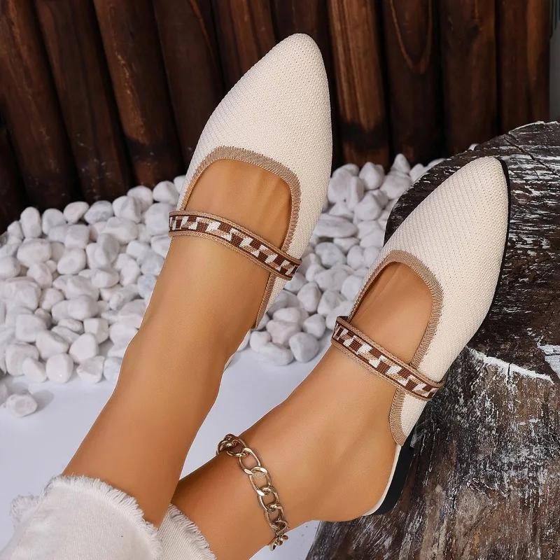Fashion 2024 New Summer High Quality Women's Shoes Fashion Baotou Women's Slippers Fabric Pointed Toe Square Heel Women's Flat Shoes