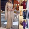 Damen Pailletten Ballkleid Lang Cape Ärmel Vorne Drehknoten Maxi Kleid Glitzerndes V-Ausschnitt Formell Abendparty Hochzeitskleid