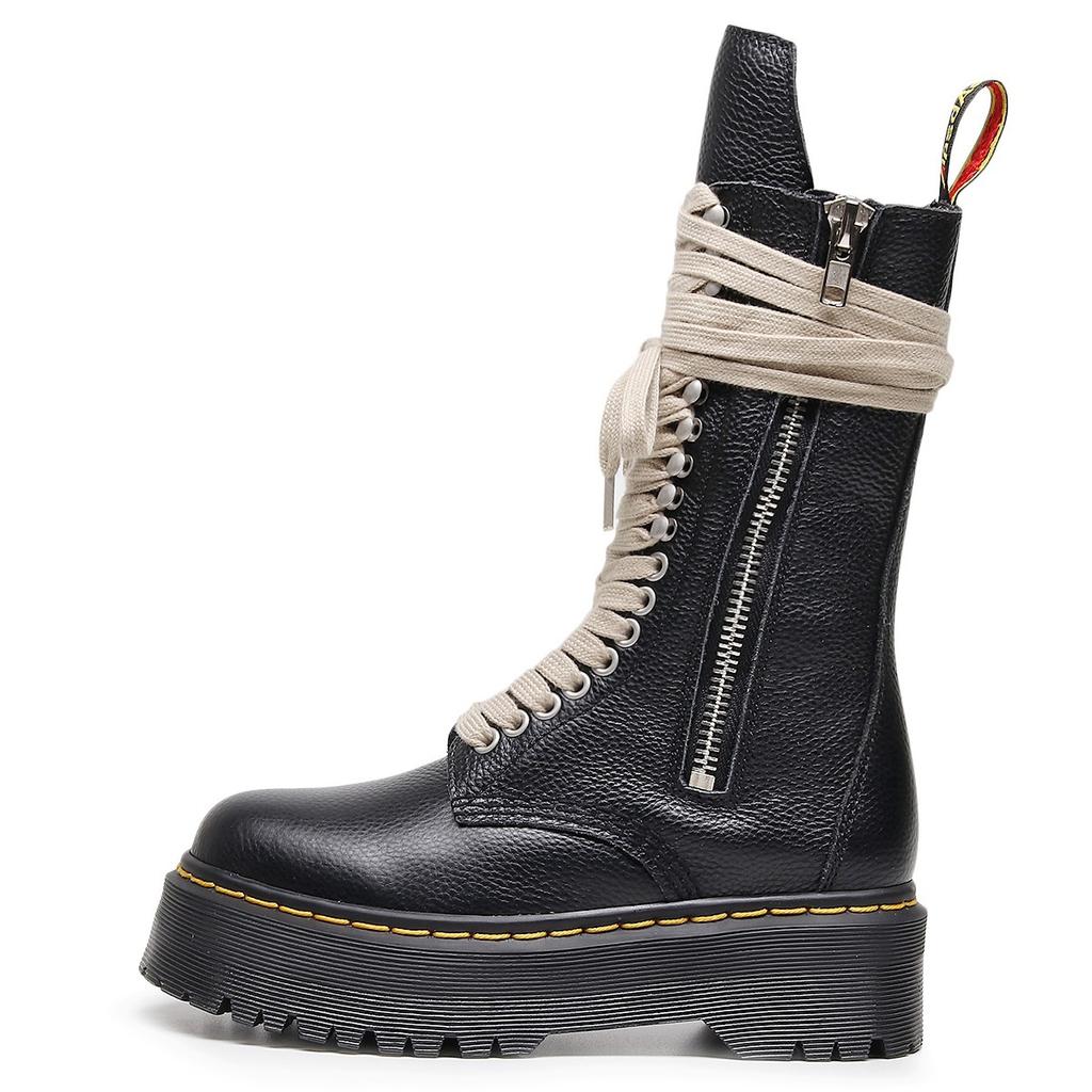 Top layer thick bottom hole locomotive boots women's side zipper lychee pattern long boots leather muffin bottom long tongue