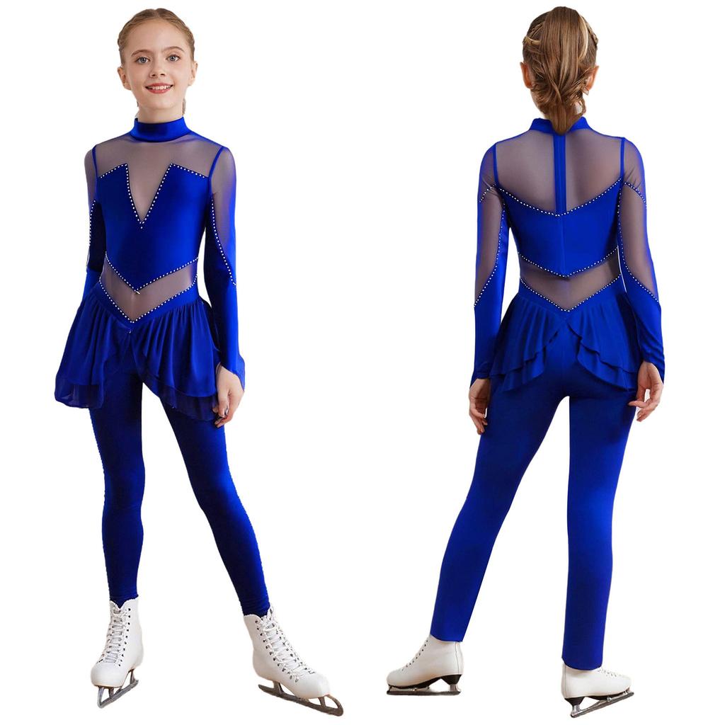 Girls Figure Skating Jumpsuit Mock Neck Long Sleeve Sheer Mesh Patchwork Shiny Rhinestones Bodysuit