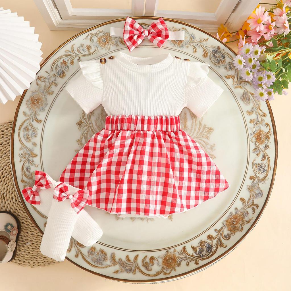 Cross0 Baby Girl Plaid Dress Set: Summer Short-Sleeve Dress + Bow Foot Cover + Hair Tie