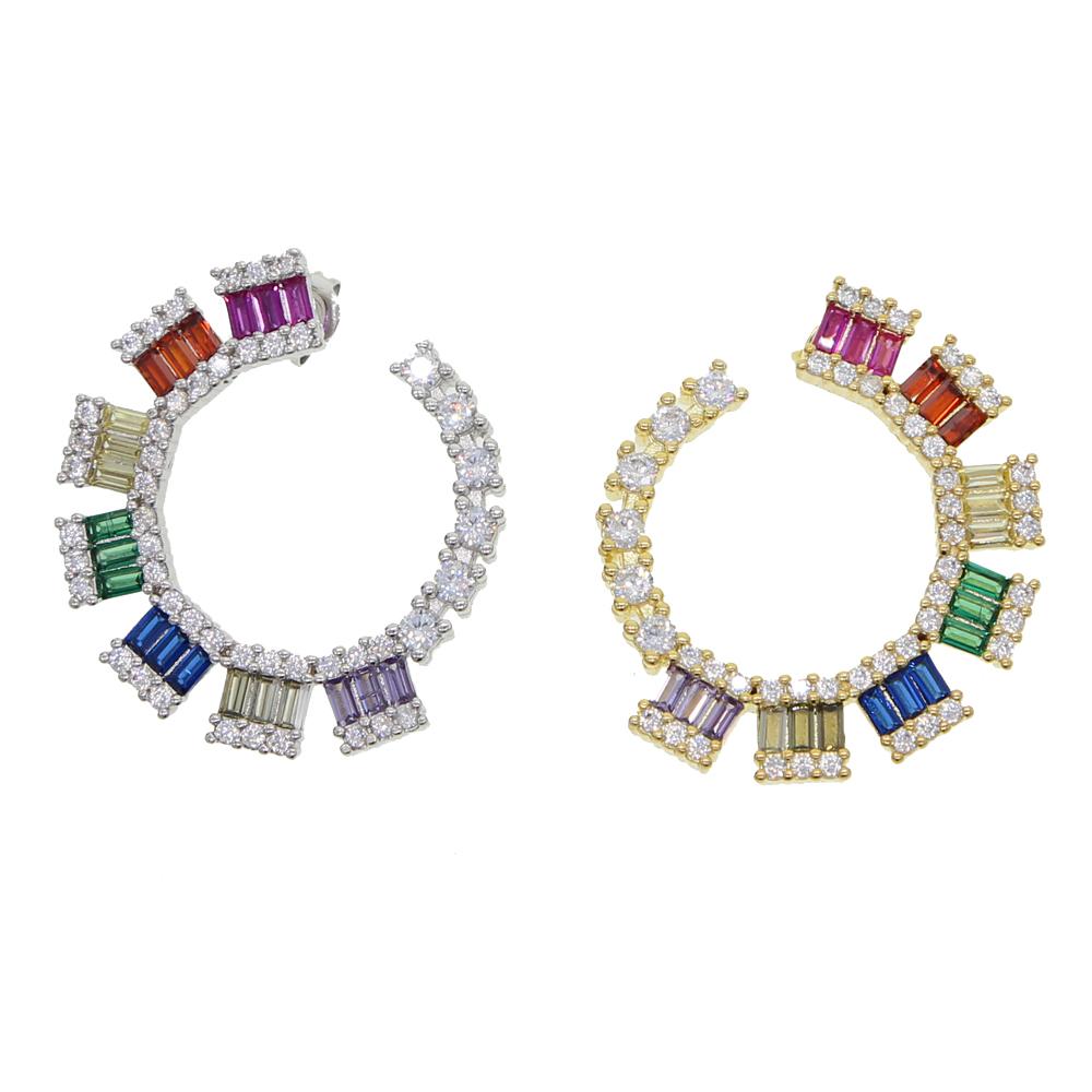 Promotion Big C Moon Type Colorful CZ Jewelry Geometric Round Circle Hoop Gorgeous Rainbow CZ Earring for Women