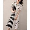 Plus Size Polka Dot Shirt Dress with Waist-Cinching Vertical Stripes and Polo Collar (80-300 Jin), Casual Summer Wear