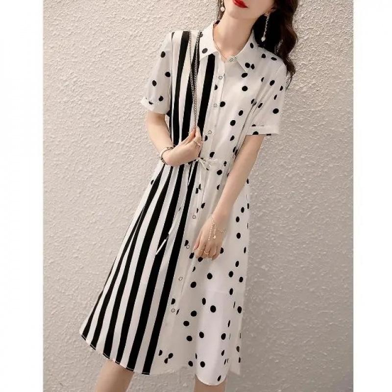 Plus Size Polka Dot Shirt Dress with Waist-Cinching Vertical Stripes and Polo Collar (80-300 Jin), Casual Summer Wear