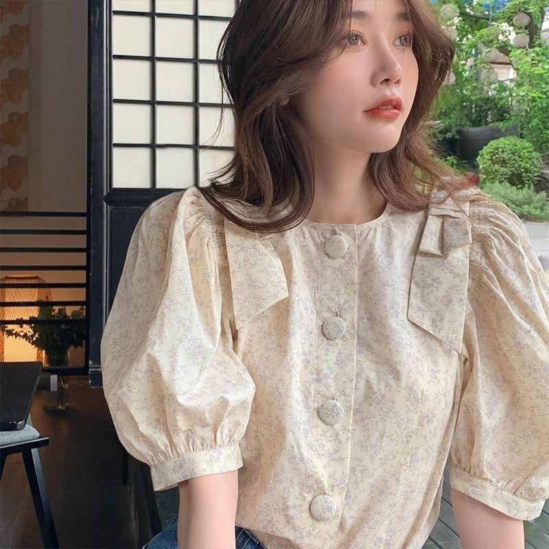 Ladies' Floral Shirt Women's Puff Sleeve Design Round Neck Blouses Summer New Female Korean Version Versatile Loose Top