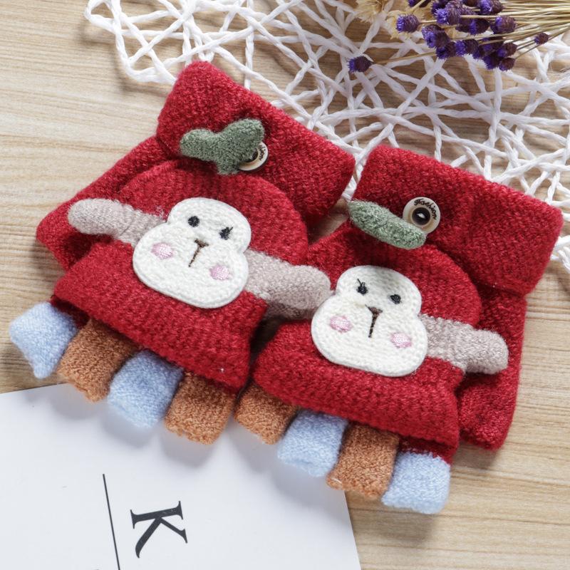 Gloves Winter Half-finger Flip Boys and Girls Five Fingers Leaking Fingers Half-cut Wool Knitted Anti-eating Children's Models
