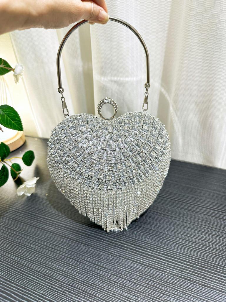 European & American Fashion Rhinestone Heart Handbag - Women's Tassel Evening Bag