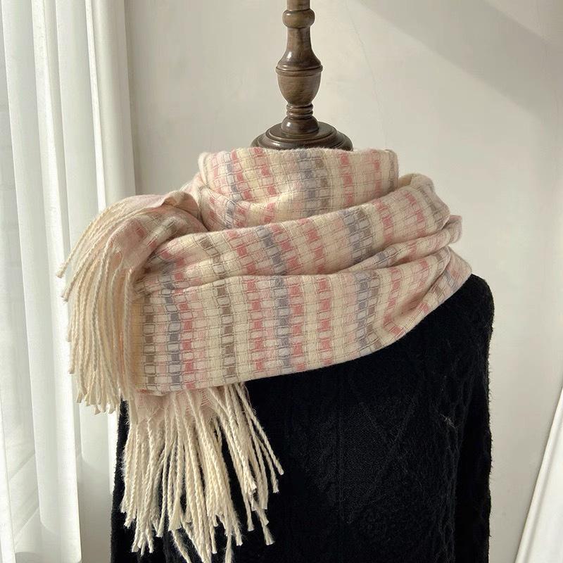 Korean Style Imitation Cashmere Plaid Scarf - Women's Warm, Thick, and Versatile Neck Warmer for Fall and Winter.
