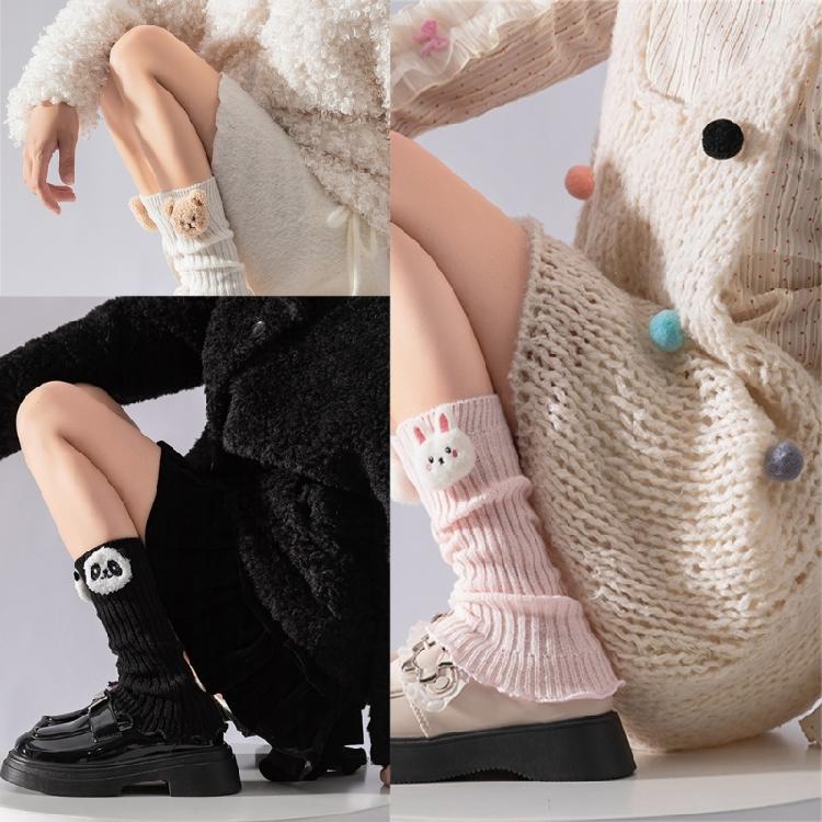 Women Girls Japanese Styles Knitted Leg Warmers Sweet Ruffled Trim Socks Cartoon 3D Plush Dolls Foot Cover Boot Cuffs