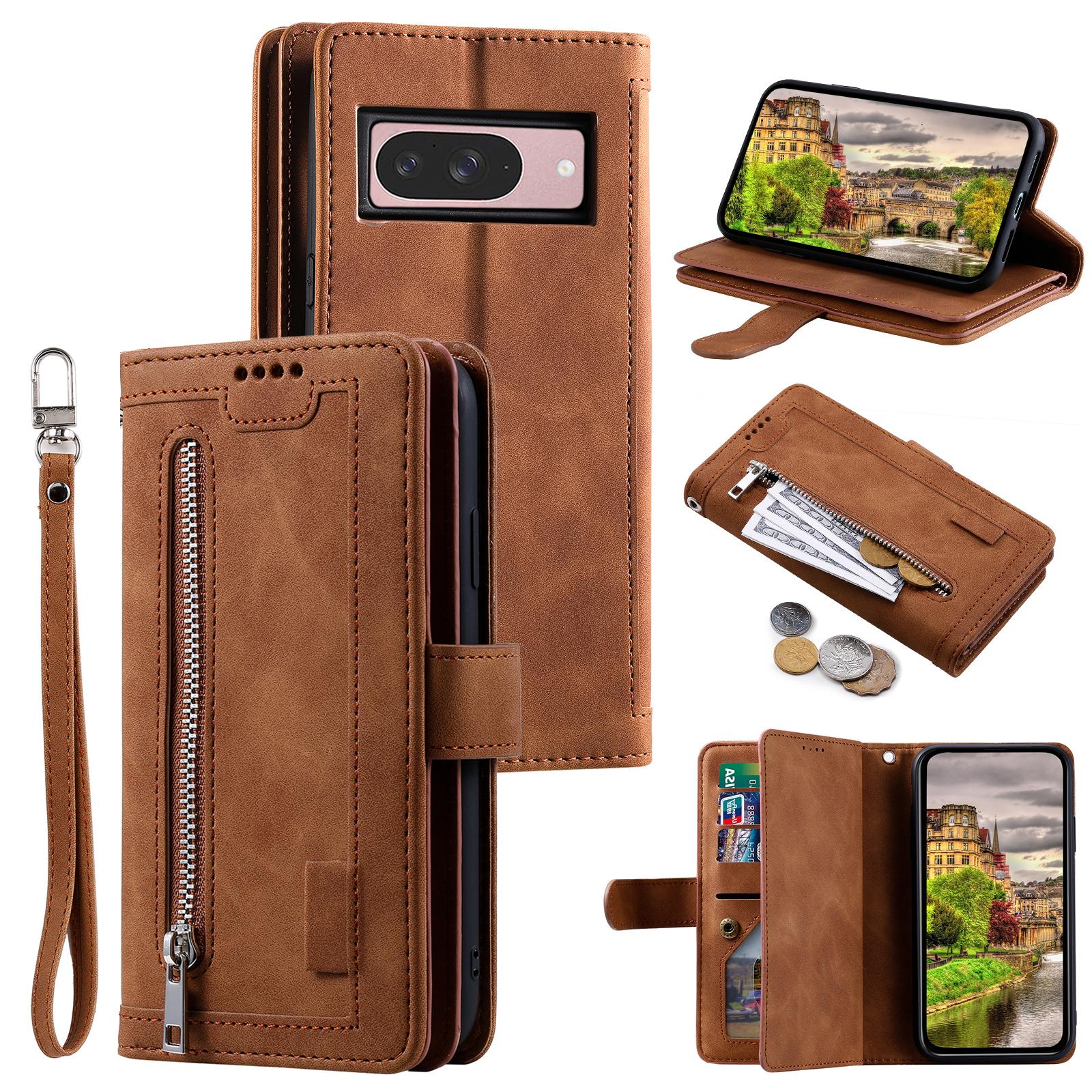 

For Google Pixel 9/9 Pro Case PU Leather Phone Cover with Zipper Wallet 9 Card Slots Brown