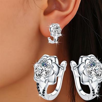 Jewelry Black Jewelry White Stone Flower Hoop Earrings