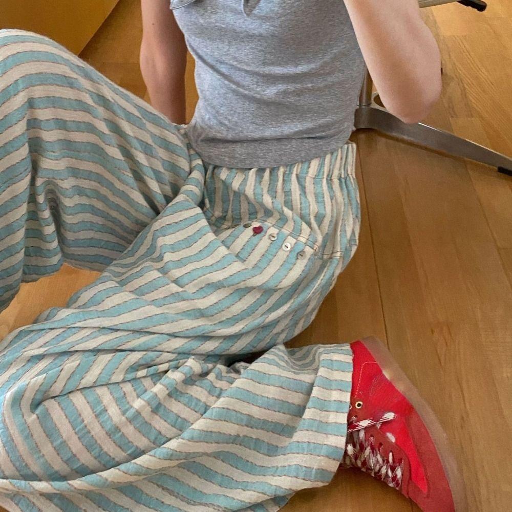 Loose Wide Leg Pants Chic Straight Leg Pants Sweet Casual Stripe Long Pants  Women