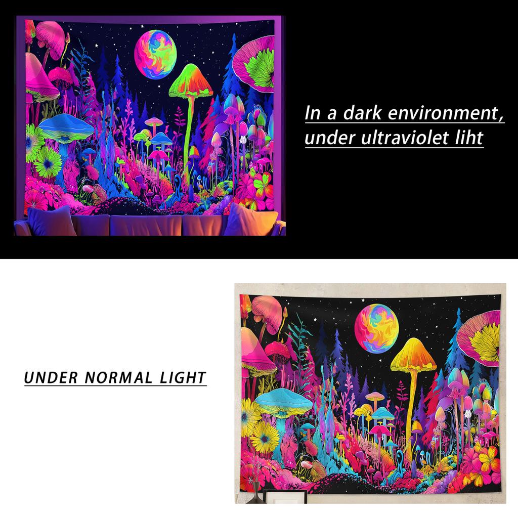 1pc Fluorescent Mushroom Moon Tapestry, UV Black Light Forest Fantasy Plant Space Tapestry, Home Decoration Wall Hanging