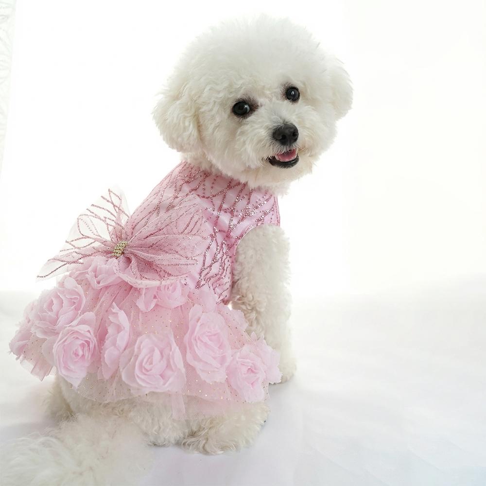 Formal Dog Princess Dress, Sparkly Tulle Pet Wedding Dress, Pink Rose Floral Puppy Outfit for Small Dogs Chihuahua Yorkie