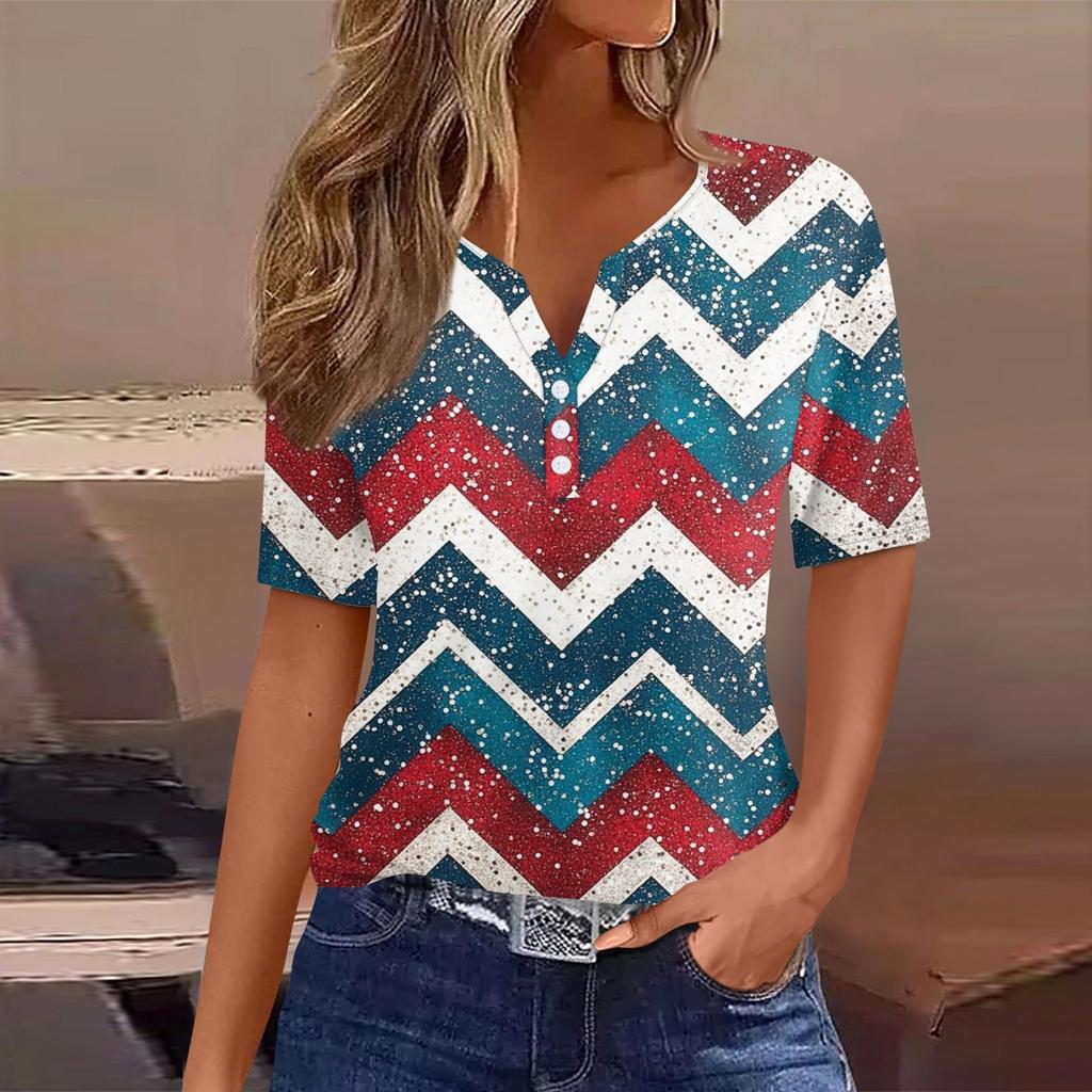 Women's T Shirt Tee Independence Day Print Button Short Sleeve Daily Weekend Fashion Basic V-Neck Regular Top