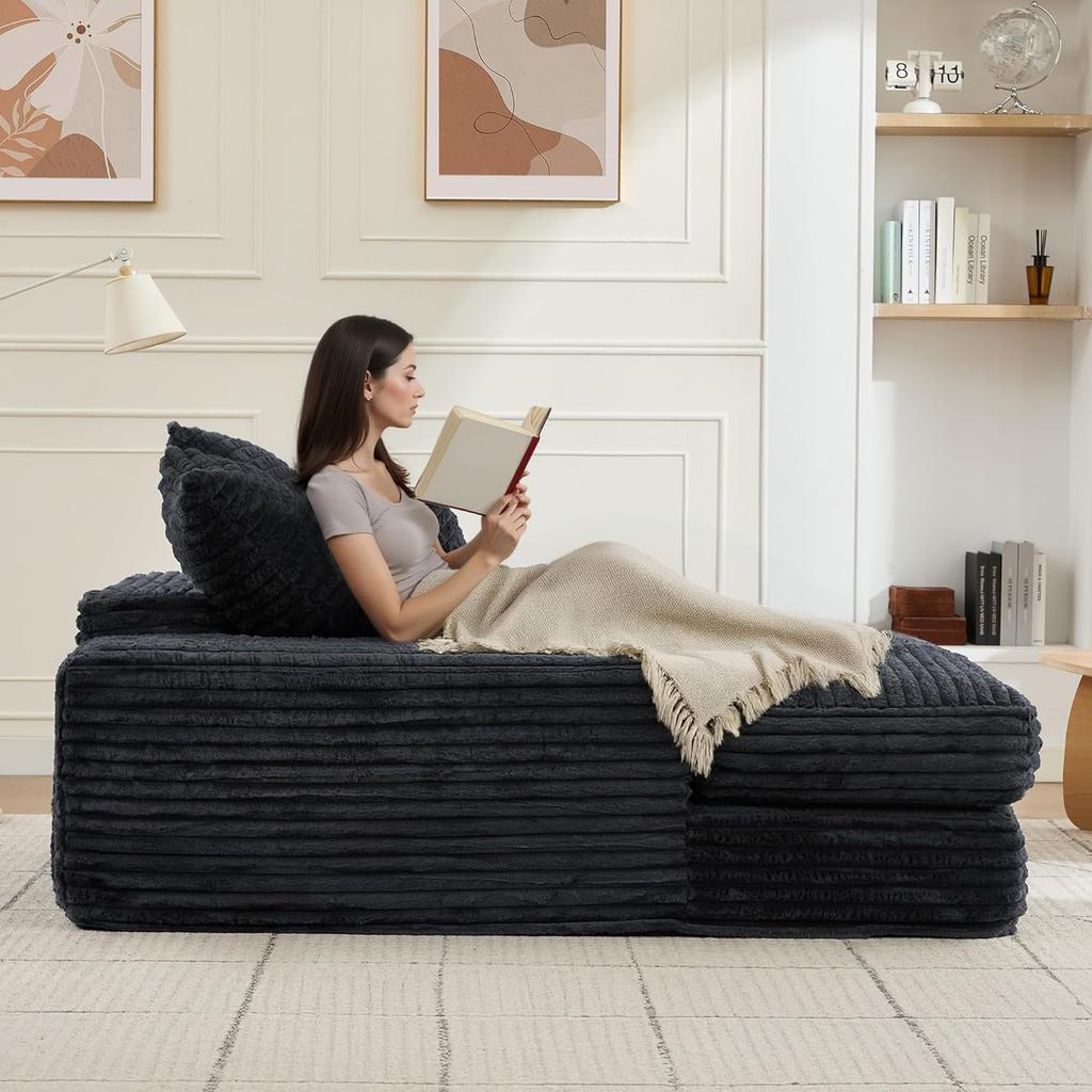 Oversized Chaise Lounge Chair Upholstered Cozy Corduroy Sleeper Sofa Bed Wide Armrests High-Density Foam No