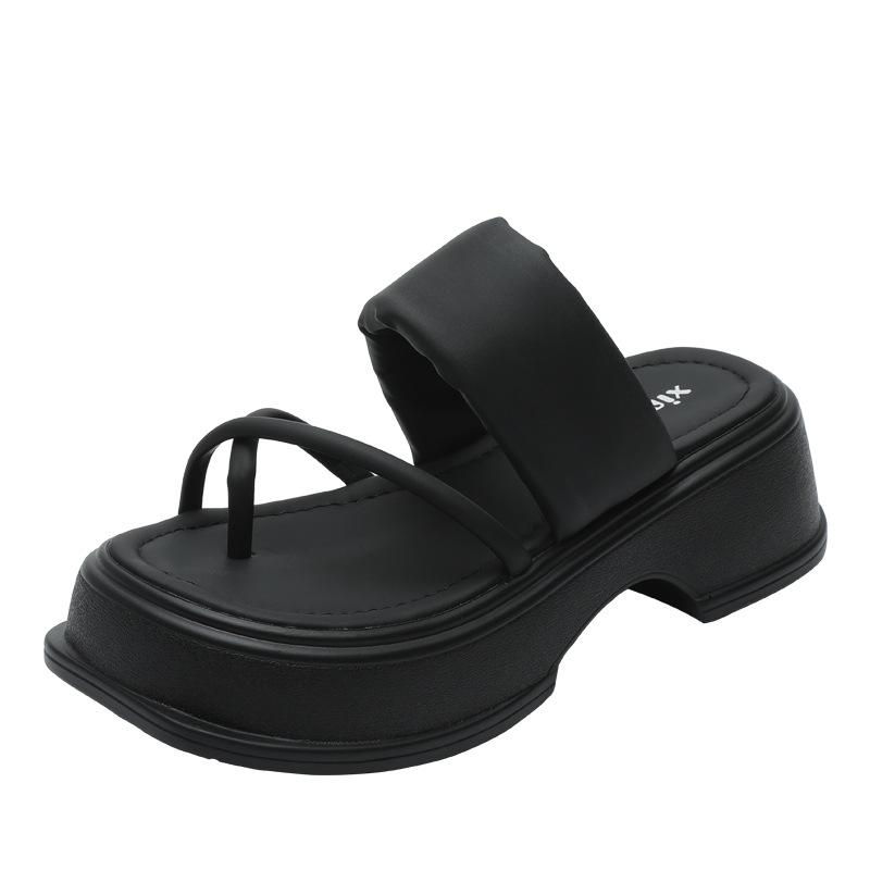 2025 new summer pinch feet heightened thick-soled cool slippers flip-flops wearing sandals women's Roman beach women's shoes