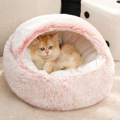 Pat de pluș pentru pisici, blană artificială, pufos, cu glugă, calmant, pat pentru pisici, iarnă, cuib rotund confortabil pentru animale de companie, pentru pisici de interior, câini de talie mică