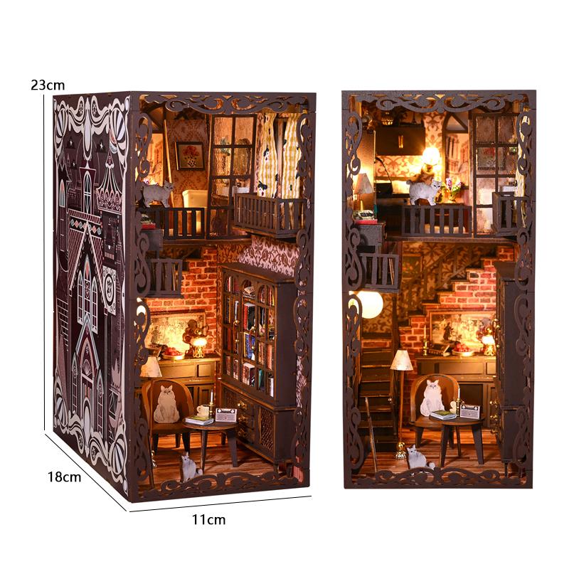 DIY Book Nook Kit 3D Puzzle Assembly Model Building Bookends Wooden Bookshelf Insert Decor With LED Lights Toys  Dollhouse Gifts