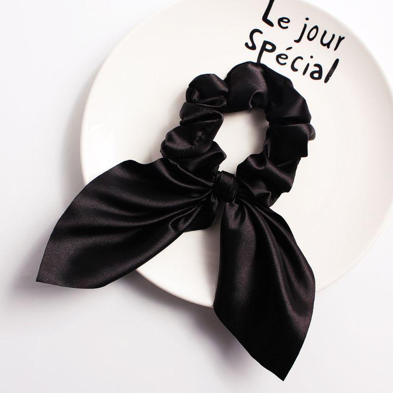 Solid Color  Satins Scrunchie With Bunnies Ears Design Soft Fabric Stretchy Hair Rope Accessories For Women Girls