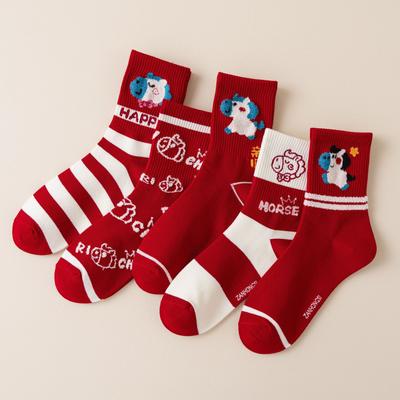 High Rubber Band Year Of The Horse Red Socks 2026 New Year Cartoon Striped Big Red Socks Red Cotton Socks