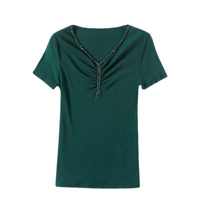 New Summer Sexy V-neck T-shirt for Women's Short-sleeved Beaded Top Fashionable and Versatile Tight Shirt