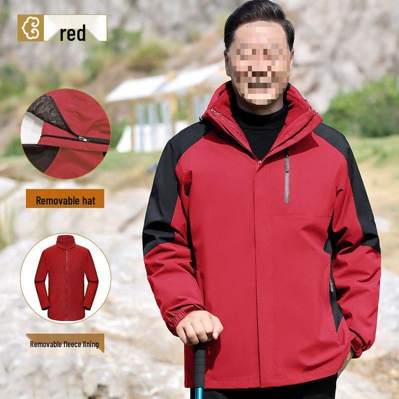 Men’s Three-In-One Windbreaker: Plus Velvet Detachable Jacket for Middle-Aged and Elderly – Perfect for Spring and Autumn.