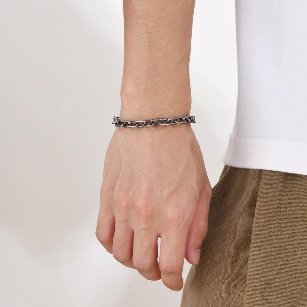 Vintage Rolo Chain Bracelets for Men,Retro Grey Waterproof Stainless Steel Links Wristband, Casual Cable Chain Jewelry