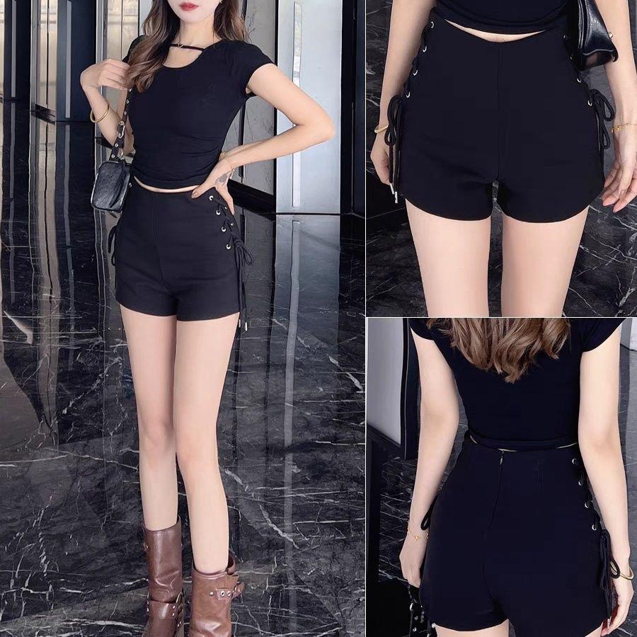 

Women s Slimming Black High-Waisted Hot Pants - Spring 2026 Spicy Girl Style, Versatile Elastic Tie-Up Design. XS (70-80 jin)
