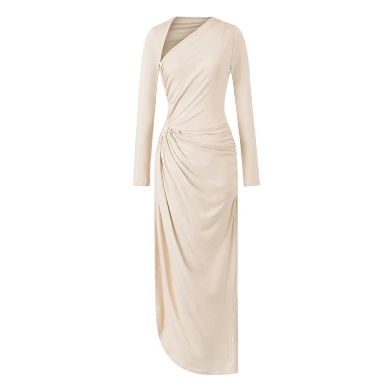 Elegant One-Shoulder Cut-out Long-Sleeve Ruched Waist Bodycon Dress for Mature Women - Spring Arrival Medium абрикосовый