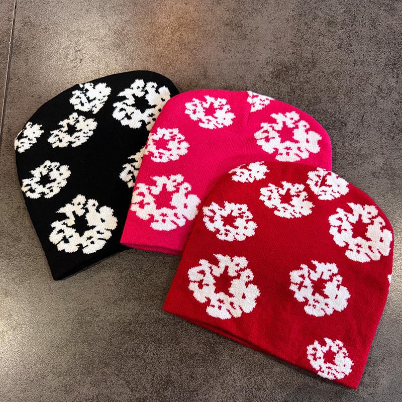 Hat Fashionable Knit With Floral Print And Warmth Function For Cold Use Seasons