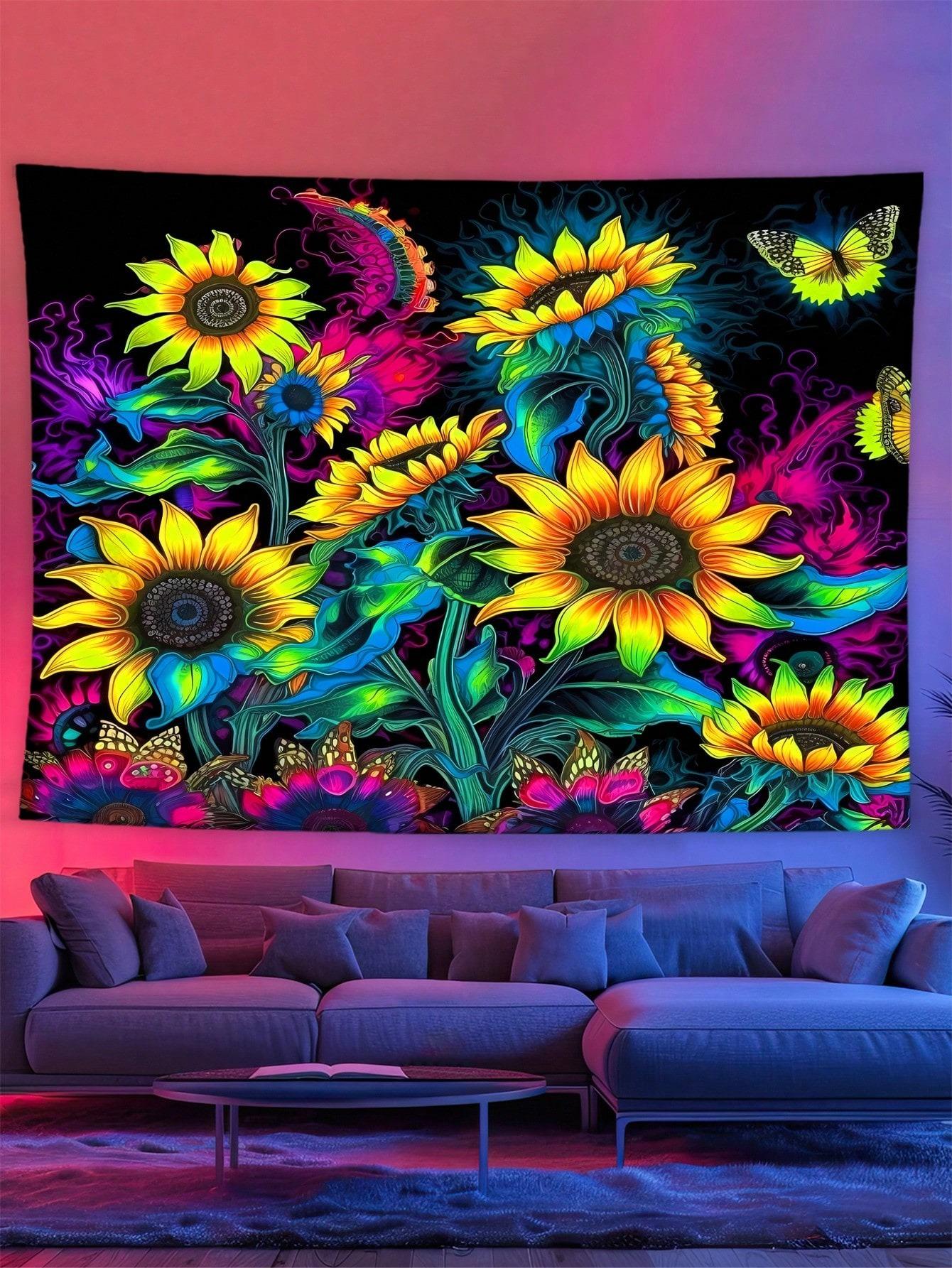 Подсолнух УФ Флуоресцентный Гобелен УФ Реакция Светящаяся Ткань для Вечеринки Крутая Мультяшная Эстетика Светящееся Украшение 40CMX60CM