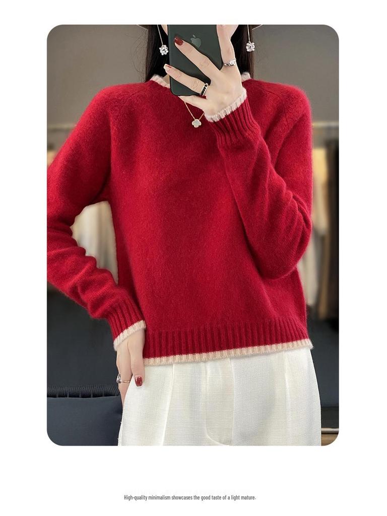 Damen Colorblock Rundhals Schlankmachender Wollstrick Pullover & Basisschicht