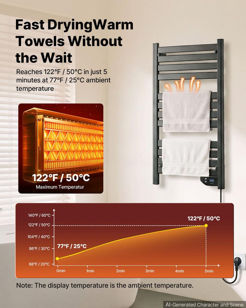 VEVOR Heated Towel Warmer Rack for Bathroom Electric Wall Mounted 12 Bars, Aluminum Alloy Towel Warmer, Overheat Protection