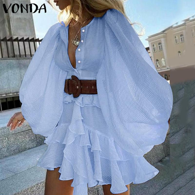 VONDA Women Fashion Solid Color Round Neck Ruffle Long Sleeve Dresses Buy  cheaply on Joom