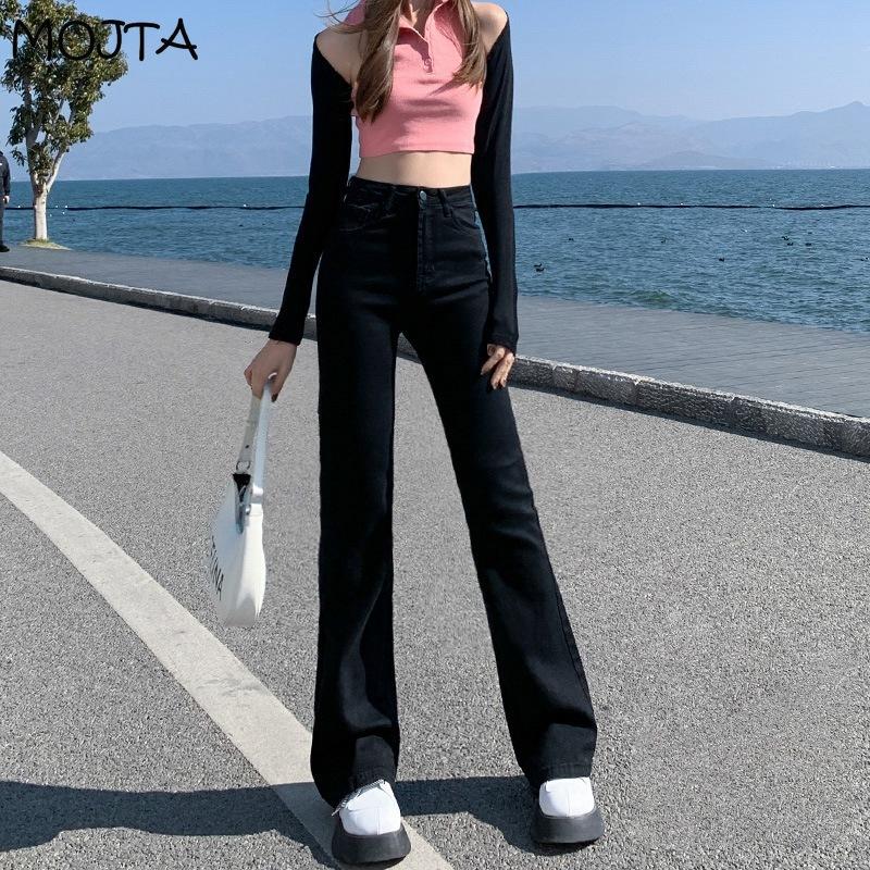 Fashion Spring Autumn All-match Blue Women Flared Jeans High Waist Denim Pants Stretch Slim Fit Trousers