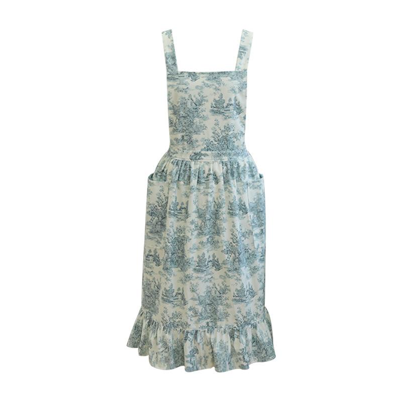 

Vintage Style Kitchen Apron with Ruffle Trim Adjustable Neck Strap and Waist Ties Full Coverage Cooking Apron for Home Use One Size синій