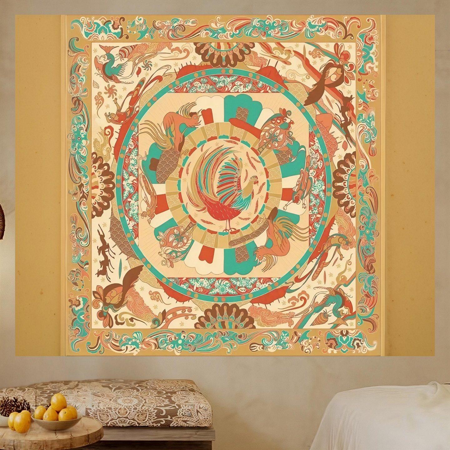 Art Nouveau Vintage Floral Pattern Tapestry Wall Hanging Chinese Style Background Cloth for Homestay Bedroom Headboard Decor 100X70CM