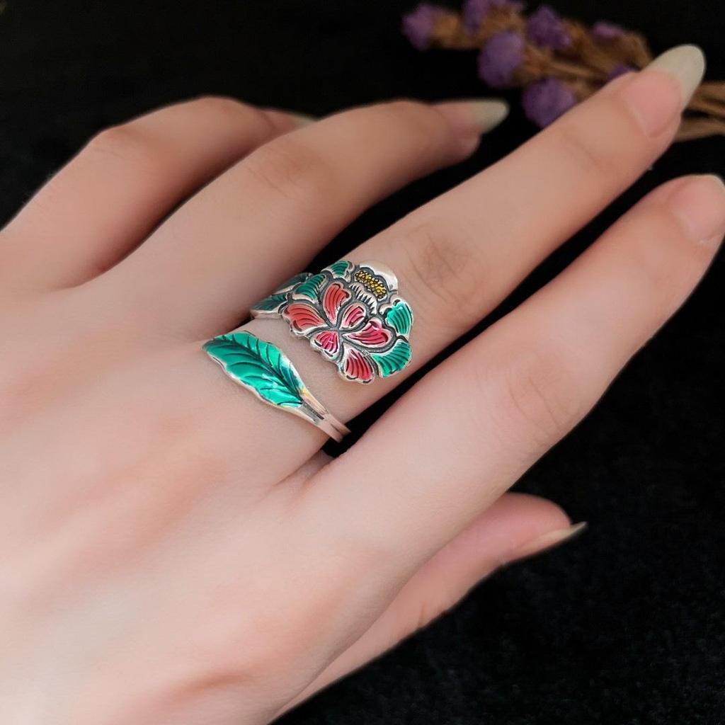 Elegant Peony Flower Ring, S925 Sterling Silver, Chinese Ethnic Style, Open Design for Women.