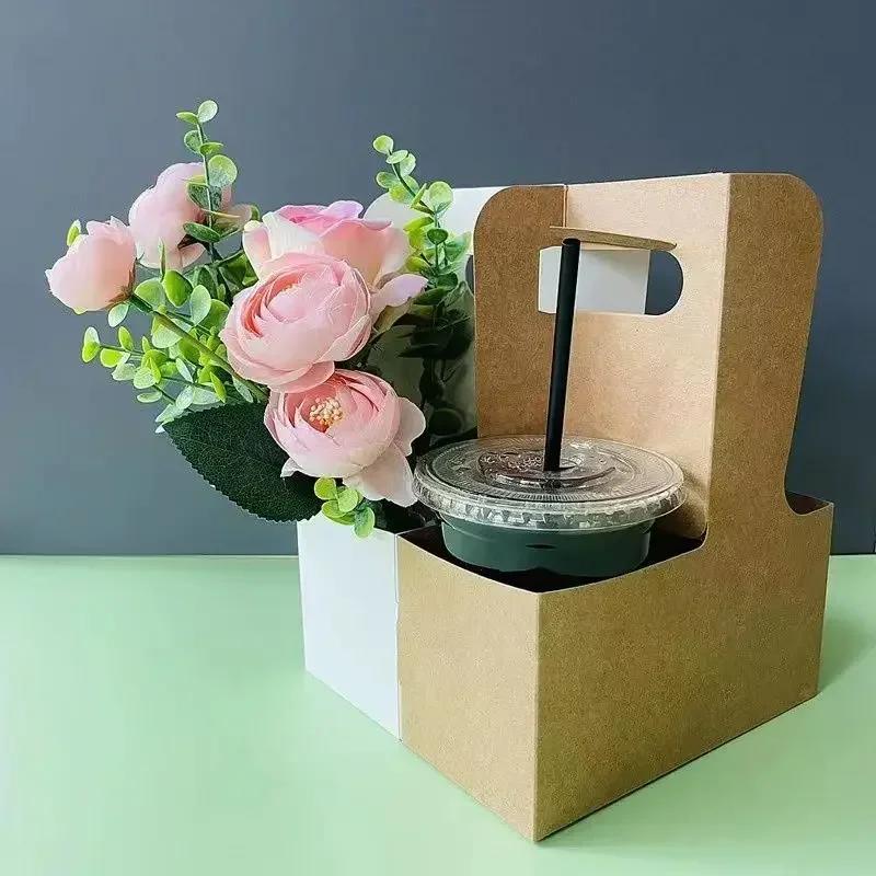 Kraftpapier Einweg-Handbecherhalter 2-Tassen Kaffee- und Saftverpackungsbox Milchtee Getränke zum Mitnehmen Verpackungstablett
