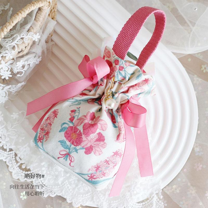 Small Floral Canvas Drawstring Bag Small Bowknot Jewelry Pouch With Pearl Chain Wedding Candy Packaging Bag